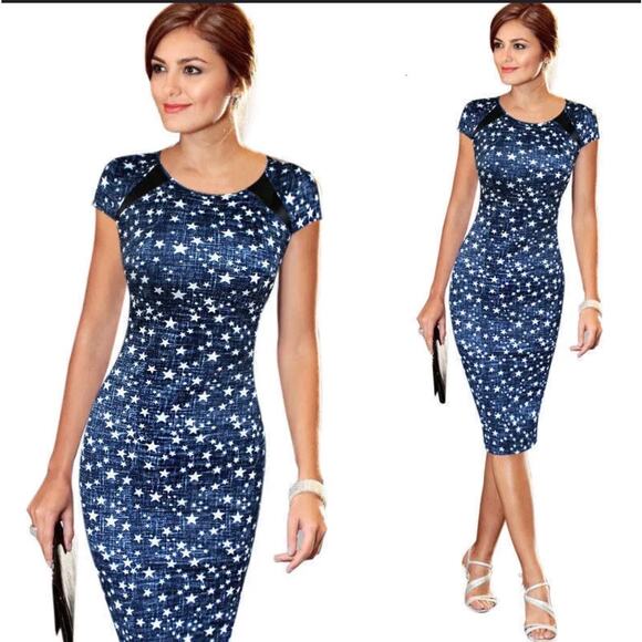 Blue and White Stars Elegant Midi Bandage Dress - Plus Size Bodycon  2XL - Picture 1 of 8